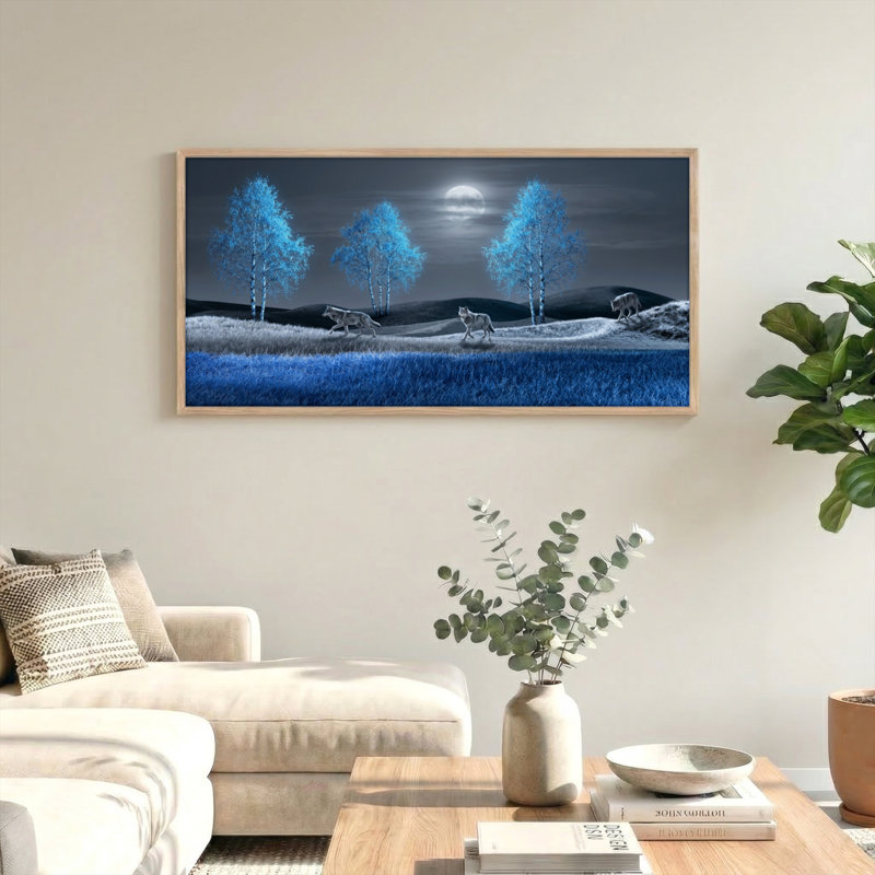 Ensemble de 1 tableau sur toile « Loups au clair de lune », L 40 po x H 20 po, Naturel