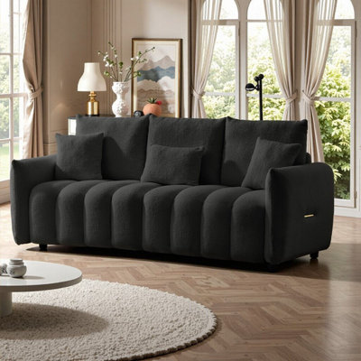 Premium 78-Inch Teddy Fabric Sofa With 3 Pillows, Solid Wood Frame For Living Room
