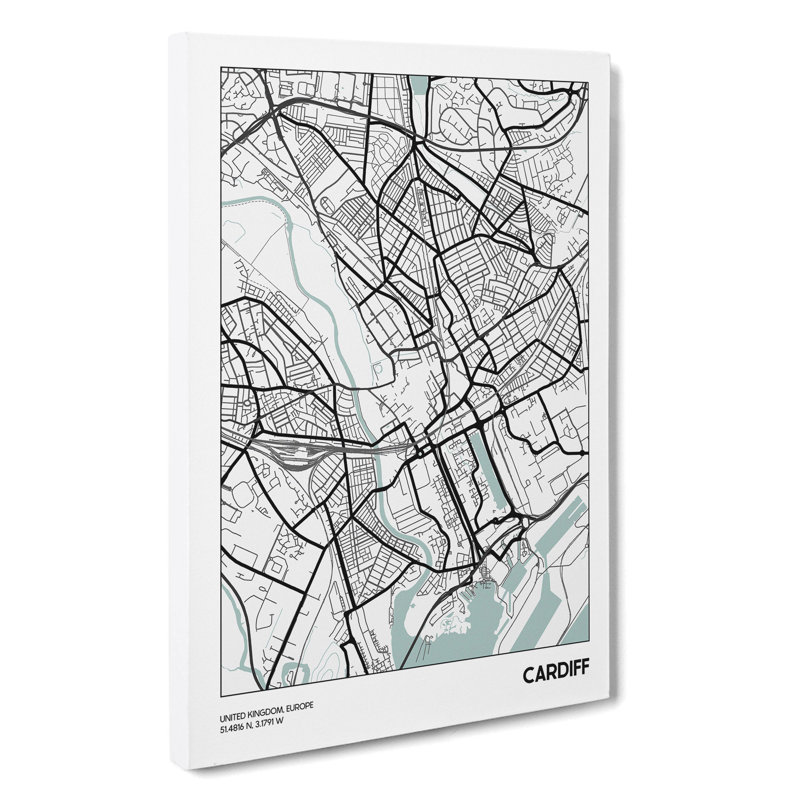 Map Cardiff UK - Wrapped Canvas Print, 76cm H x 50cm W x 3cm D