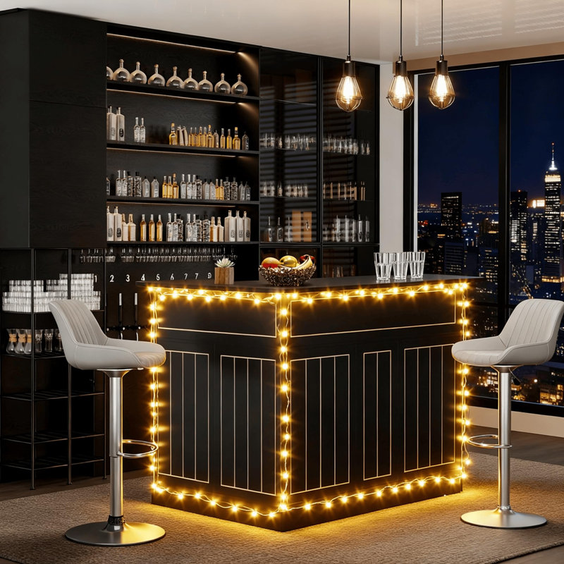 Buffet de bar en L avec espace pour réfrigérateur, prises de courant intégrées, tiroir, étagères à vapeur, parfait pour la maison, le bureau ou le magasin