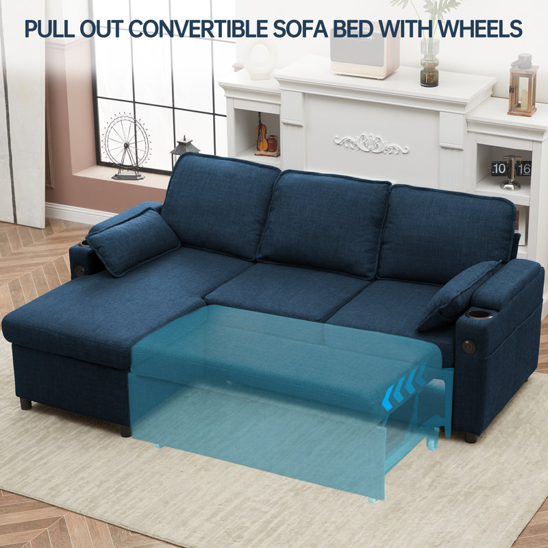 3 Seater Sofa & Chaise, Blue Linen Blend