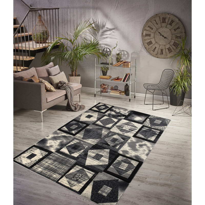 Tapis abstrait blanc / gris anthracite Tyka, Rectangle 5 pi 2 po x 7 pi 5 po
