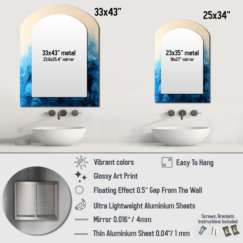 «Rhythmic Driauge Drip Paint Eruption III - Drip Paint», miroir mural décoratif asymétrique, grand miroir arqué bleu