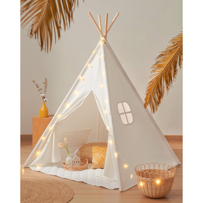 White Cotton Kids Teepee Tent with Pine Poles and Lights