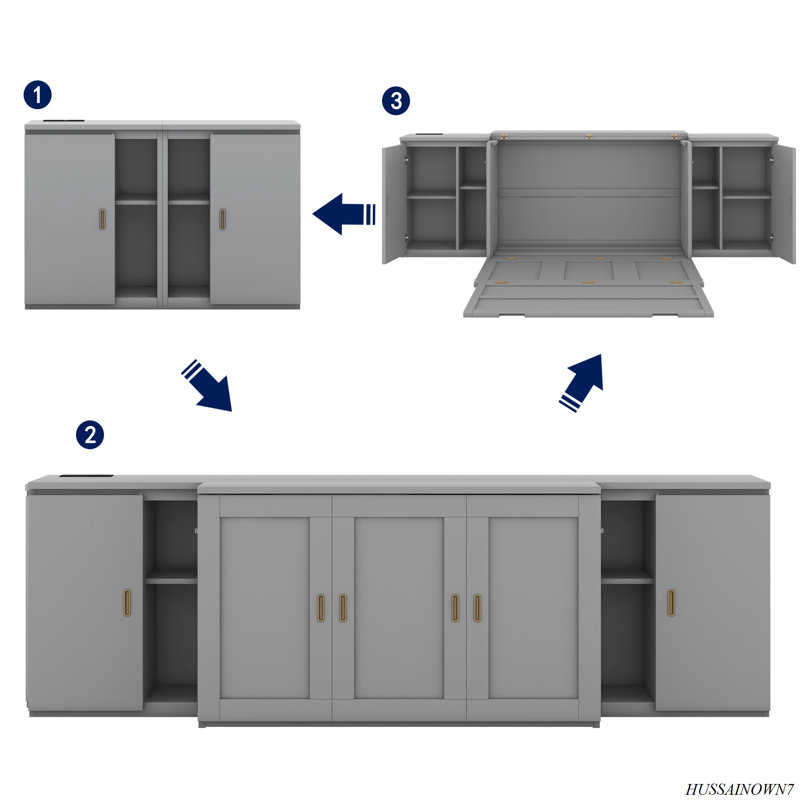 Lit escamotable avec tablettes, armoires et ports USB, Gris, Lit double