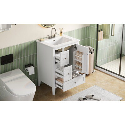 24" Modern Bathroom Vanity with Ceramic Sink, Solid Wood Legs, Soft-Close Drawers & Door, Storage Rack, Painted Surface Finish