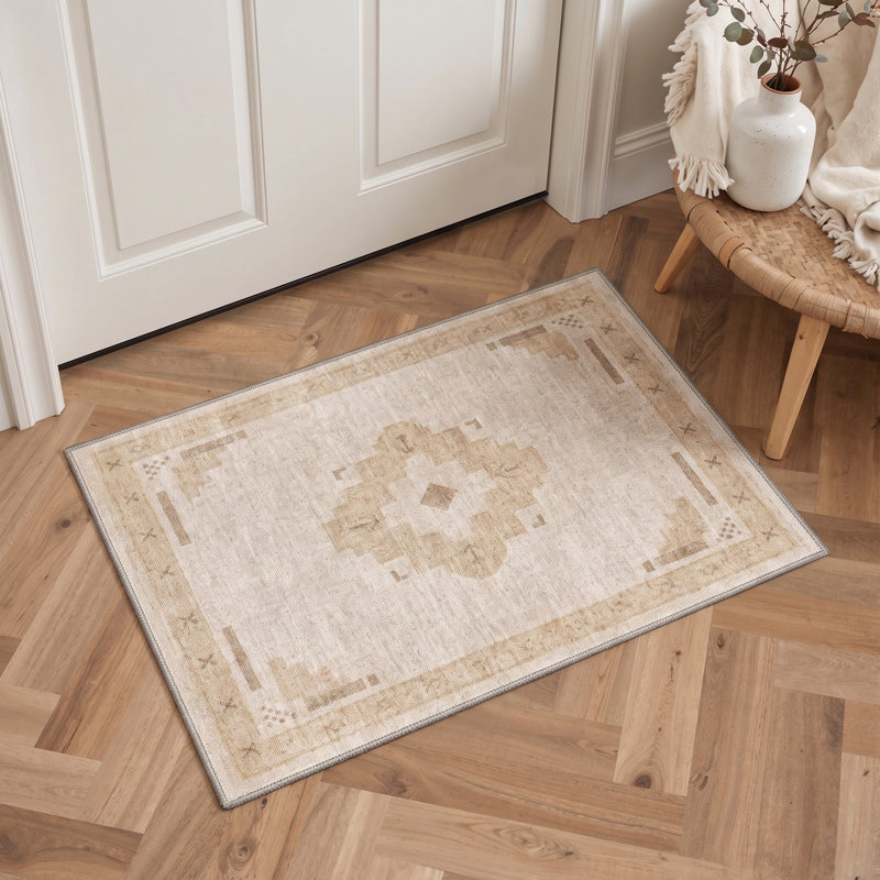 Tapis beige à motif géométrique moderne antidérapant lavable à poils courts, Rectangle 2' x 3'