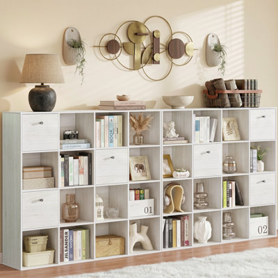 Organisateur de rangement modulaire 16 cubes avec tiroirs en tissu, bibliothèque blanche en bois rustique et paravent individuel