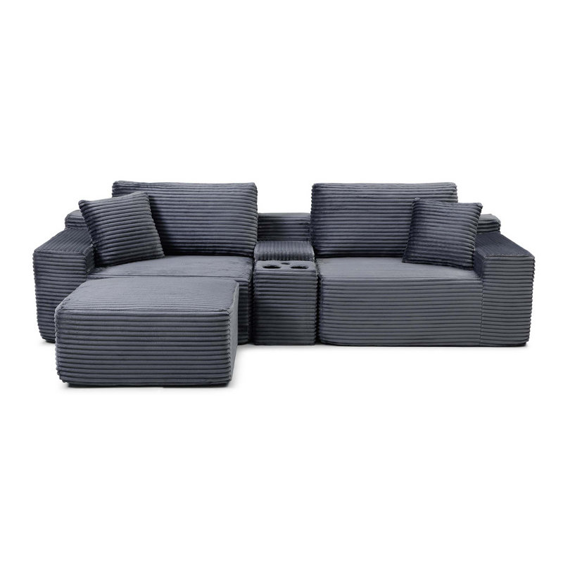 Modular Sectional Sofa With Deep Seat, Corduroy Fabric, Cup Holders, USB Ports, And Storage Box, Sleeper Sofa With Movable Ottoman, No Assembly Required, Grey