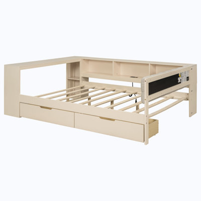 Wood Platform Bed with Storage Shelves, Drawers, Charging Station