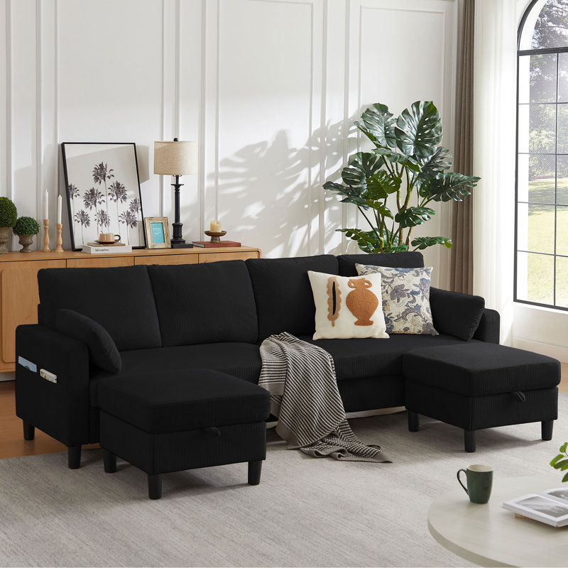 100.79" Corduroy Large U Shaped Sofa With 2 Storage Ottomans, Black Corduroy