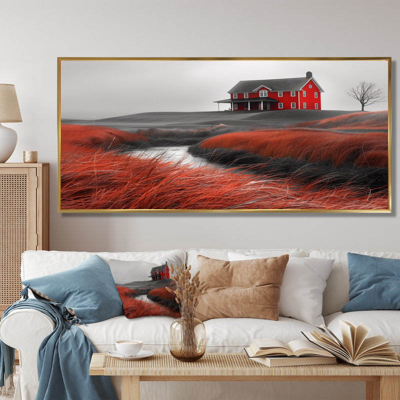 Rouge, rouge, automne, maison de campagne charmante I - art mural grange, Toile avec cadre flottant or
