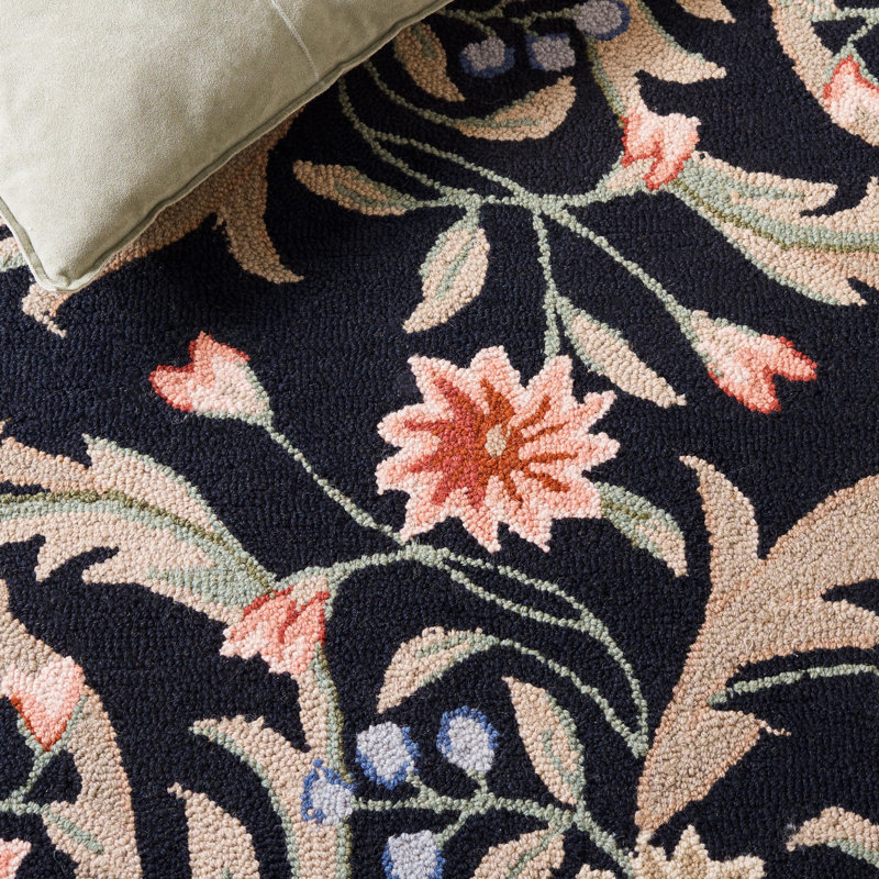 Tapis noir / beige en laine crocheté à la main à motif floral Hollander, Rond 10 pi