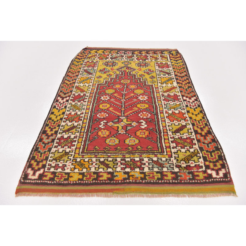 Tapis de zone en laine rouge/jaune 3 pi 5 po x 5 pi one-of-kind à la main noué la Diana