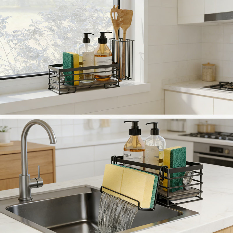 Porte-éponge de cuisine avec tapis de séchage et crochet, support d'évier en acier inoxydable antirouille, organisateur de rangement compact pour distributeur de savon pour brosses et accessoires d'évier