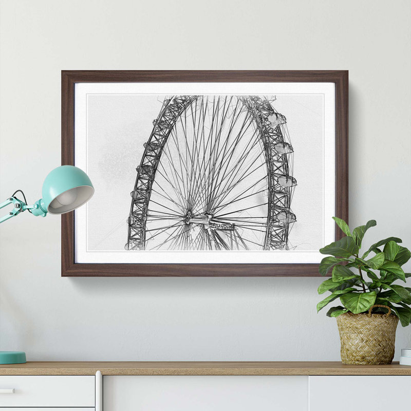 The London Eye London in Abstract - Picture Frame Graphic Art Print, 27cm H x 36cm W x 2cm D, Walnut Framed