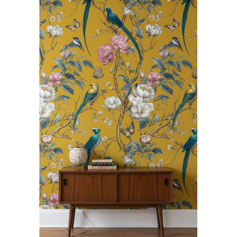 Papier peint floral oiseaux roulés amovibles mur double rétro
