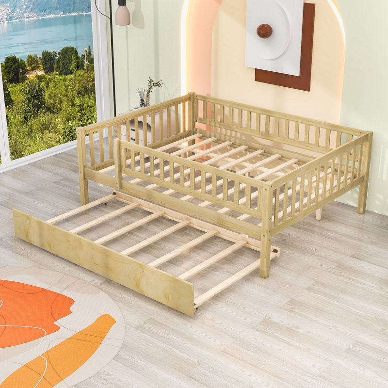 Wood Daybed with Twin Trundle and Guardrails, Natural, Full/Double