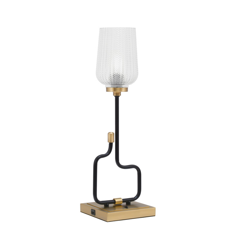 Lampe d'appoint Amarmula, avec ports USB, fini noir mat et laiton vieilli, verre texturé transparent de 5 po, Doré, Clair