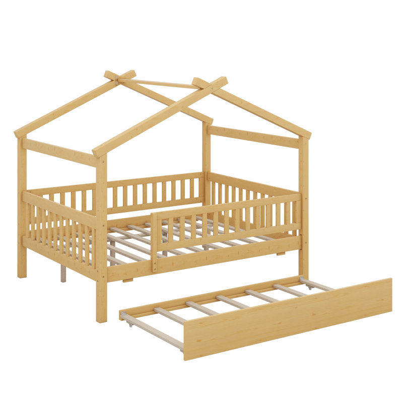 Wooden House Bed with Trundle, Full, Natural