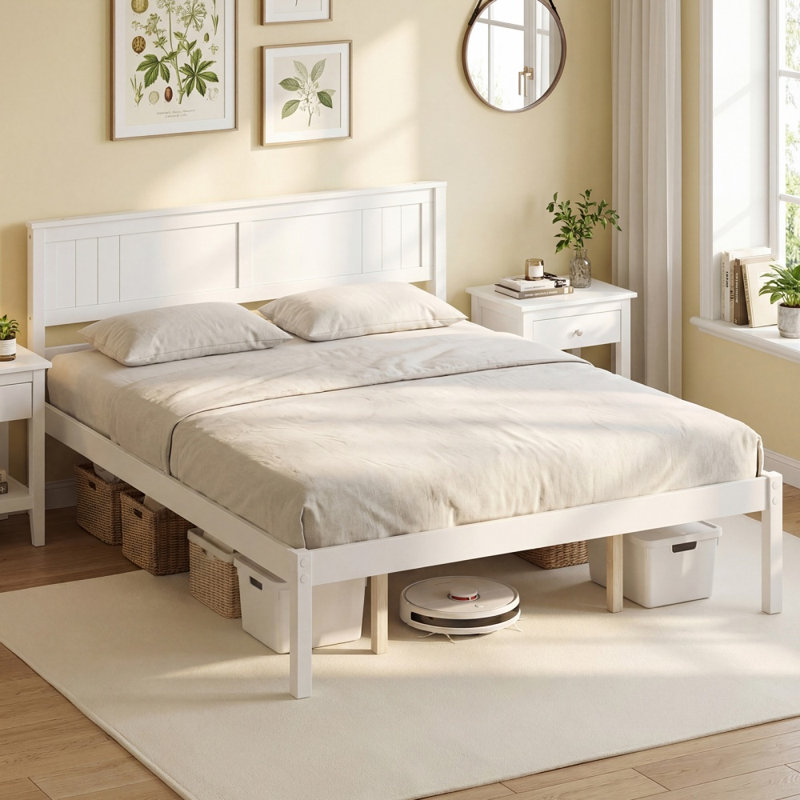 Cadre de lit robuste en bois pour lit simple, double ou queen, avec tête de lit et sommier à lattes, et espace de rangement de 30 cm sous le lit.