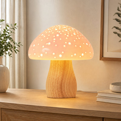 Pink Ceramic Mushroom Bedside Table Lamp with Vintage Aesthetic, Small Night Light for Living Room, Bedroom, Kids Desk and Home Decor; LED Bulb Included
