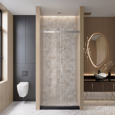Porte de douche coulissante simple sans cadre l 56 à 60 po x H 76 po, verre trempé transparent de 1/4 po (6 mm), film antidéflagrant, poignée en acier inoxydable, rail carré, nickel brossé