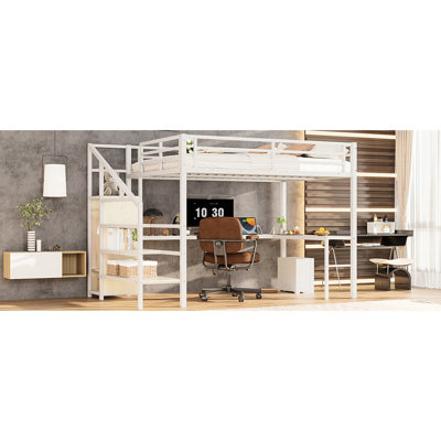 Lit mezzanine à grain de bois blanc avec grand lit, escalier, charge, luminaire à DEL et garde-robe pour la chambre des adolescents, rangement