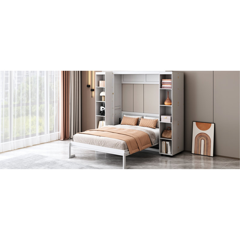 Grand lit, finition blanche, peu encombrant grâce aux armoires pliables, s'adapte à toutes les couleurs de décors, capacité de poids du lit escamotable