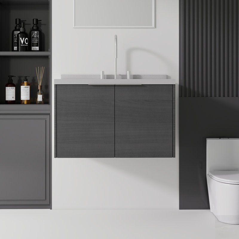 Floating Bathroom Vanity with Soft-Close Door, Cultured Marble Countertop, and Durable Plywood Construction, Gris, 30"