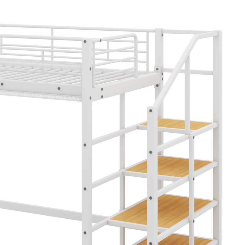 Metal Loft Bed In Twin Size, Featuring An Upper Grid Storage Shelf And Side Storage Ladder, White