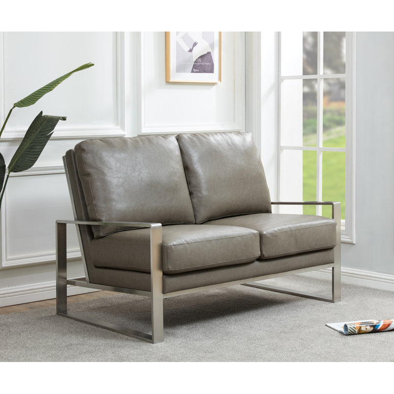 Iosif 53" Modern Faux Leather Loveseat with Polished Silver Metal Base – Square Arm Tuxedo Couch – Luxury Mid-Century Seating for Living Room or Office