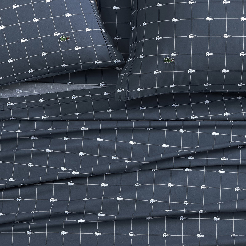 Ensemble de draps 100% coton Lacale Slice Lacure, Bleu, Ensemble de draps pour grand lit avec 2 taies d'or