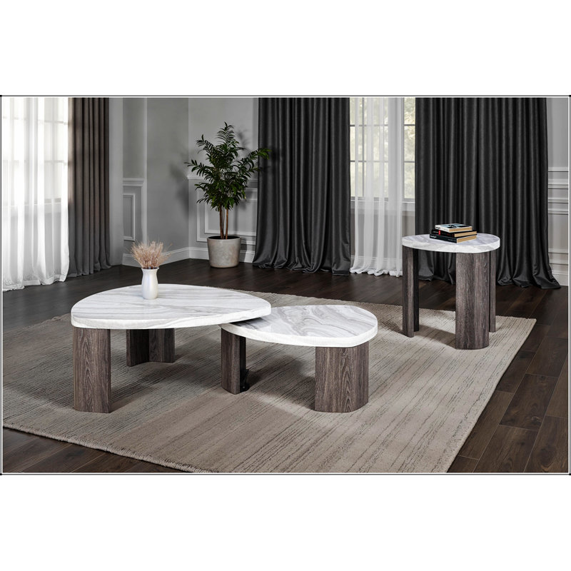 Ensemble de table triangulaire 3 pièces de style contemporain avec motif en marbre, conception peu encombrante pour le salon principal