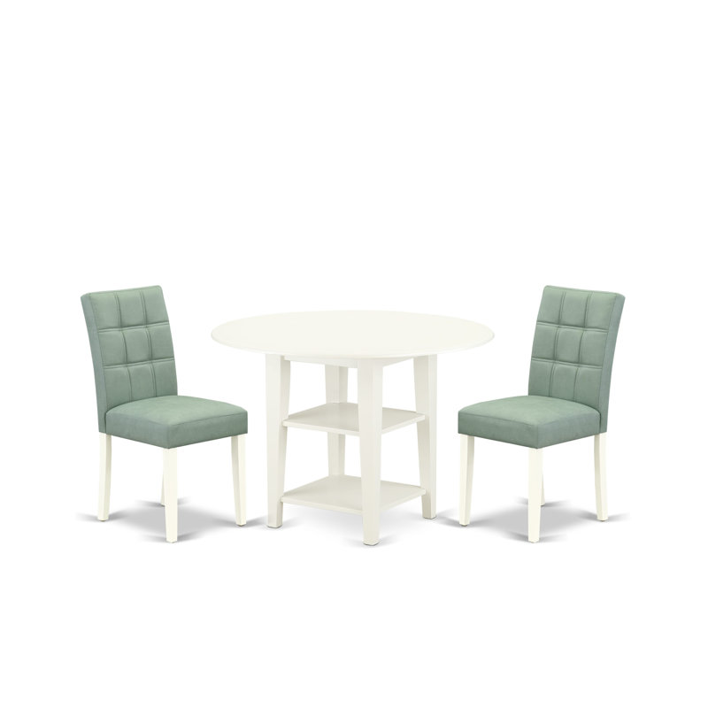 3-Piece Linen White Finish Round Solid Wood Top Dining Table Set, Green