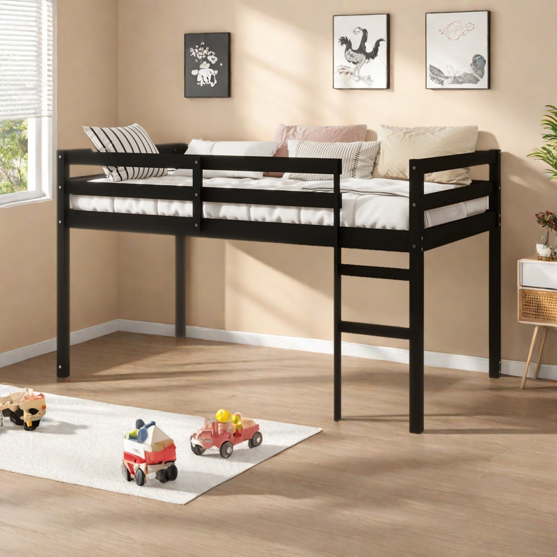 Solid Wooden, Rubber Wooden Twin Loft Bed With Ladder, Bed Platform Of Strengthened Slats, Black