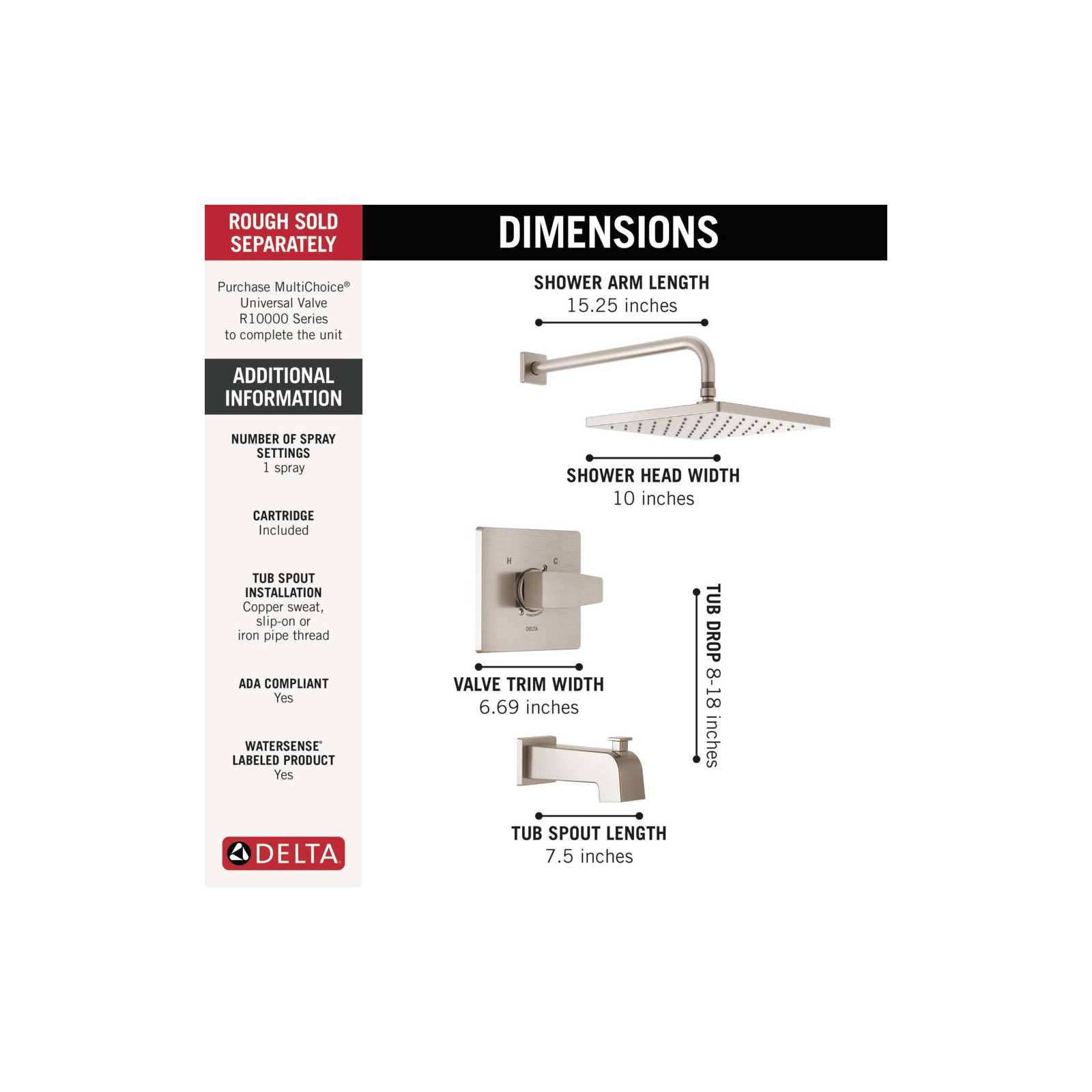 Modern Raincan Square Single-Function Tub and Shower Faucet Set, Valve Trim Kit, Rain Shower Head, Spotshield Brushed Nickel