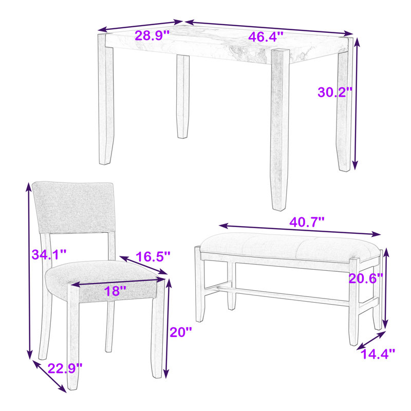 Ensemble de salle à manger moderne 4 pièces avec table en faux marbre, chaises rembourrées et banc pour la salle à manger