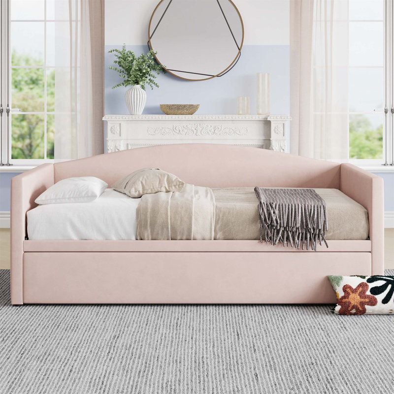Twin Size Daybed With Pop-Up Trundle, Upholstered Sofa Bed, Space-Saving Twin To King Design For Guest Rooms, Pink