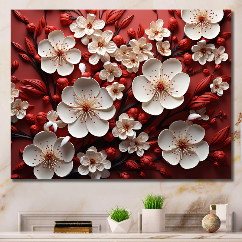 Orchidées blanches et rouges II - art mural floral abstrait, Toile tendue, H 34 po x l 44 po x P 1,5 po