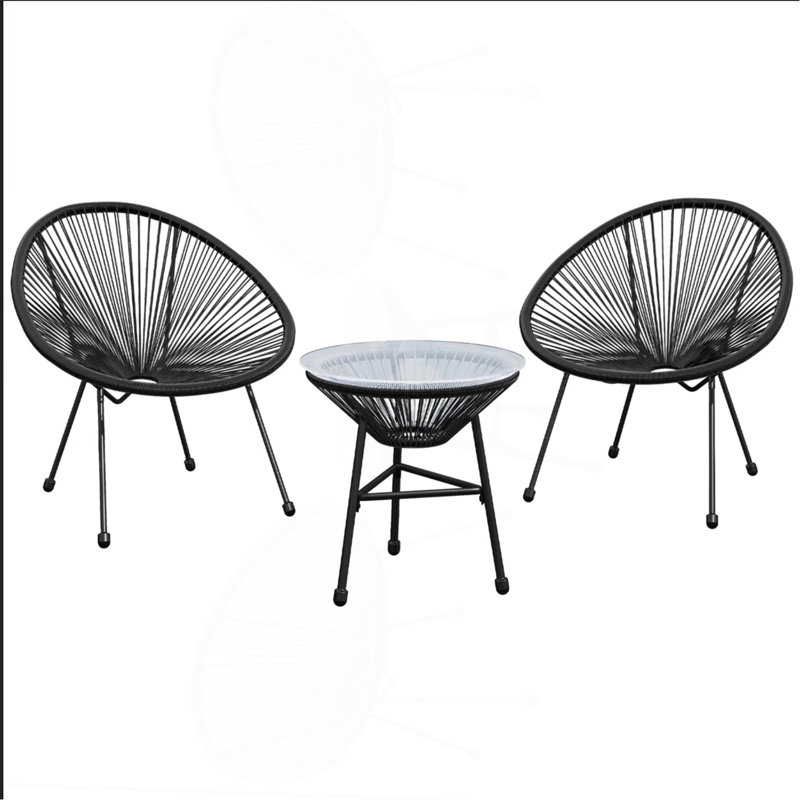 Ensemble bistro 3 pièces avec 2 chaises et table en verre Acapulco, Noir