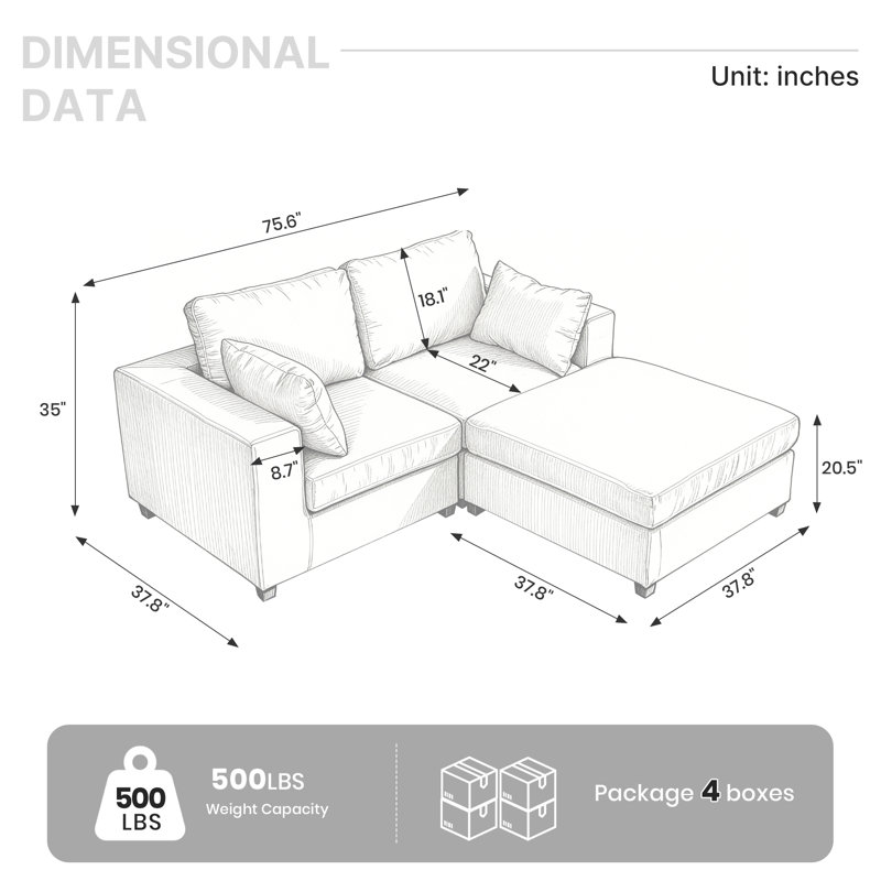 Canapé d'angle rembourré 2 pièces avec 1 repose-pieds, Chenille beige