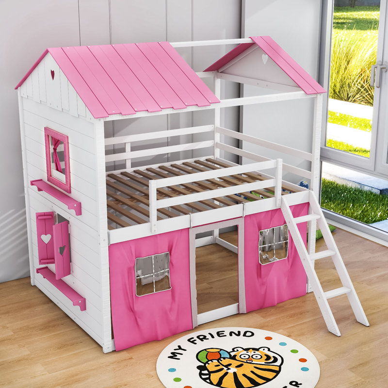 Thorin Wood Bunk Bed with Tent and Windows, Full over Full, Pink/White