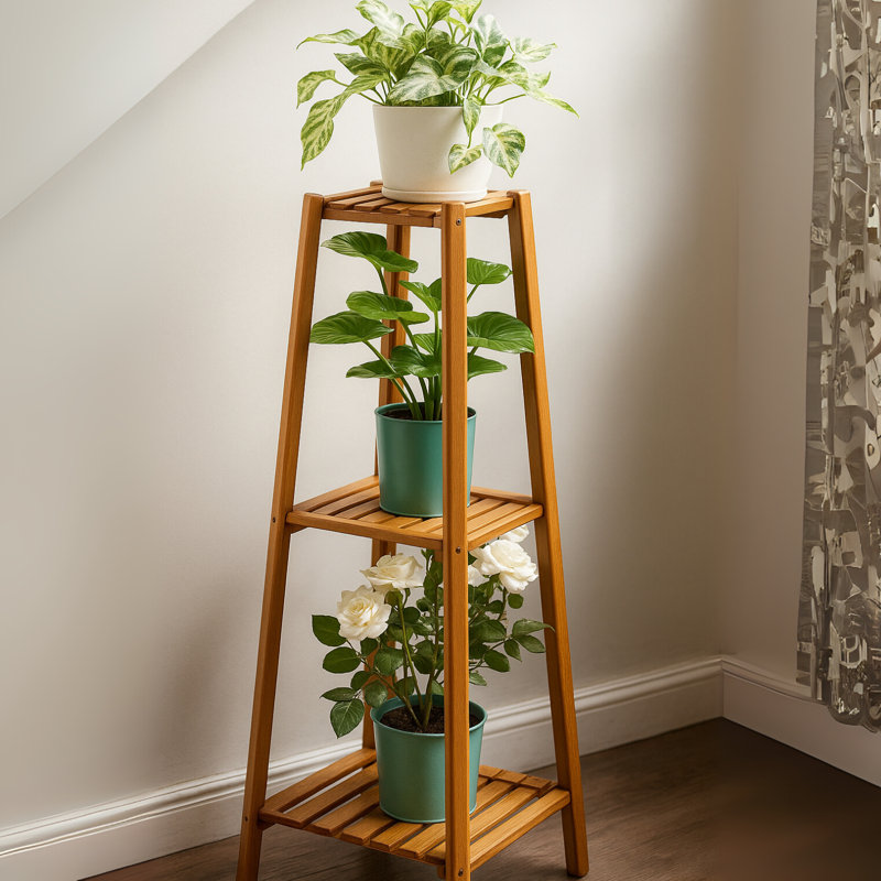 Tilsworth Tall Natural Bamboo Tall Plant Stand 3 Tier Shelf Plant Holder Home Furniture