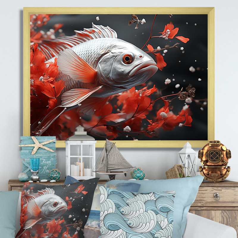 " Red And Gray Kois Fish Swimming With Serenity III ", Gold Single Picture Framed, 12" H x 20" W x 1" D