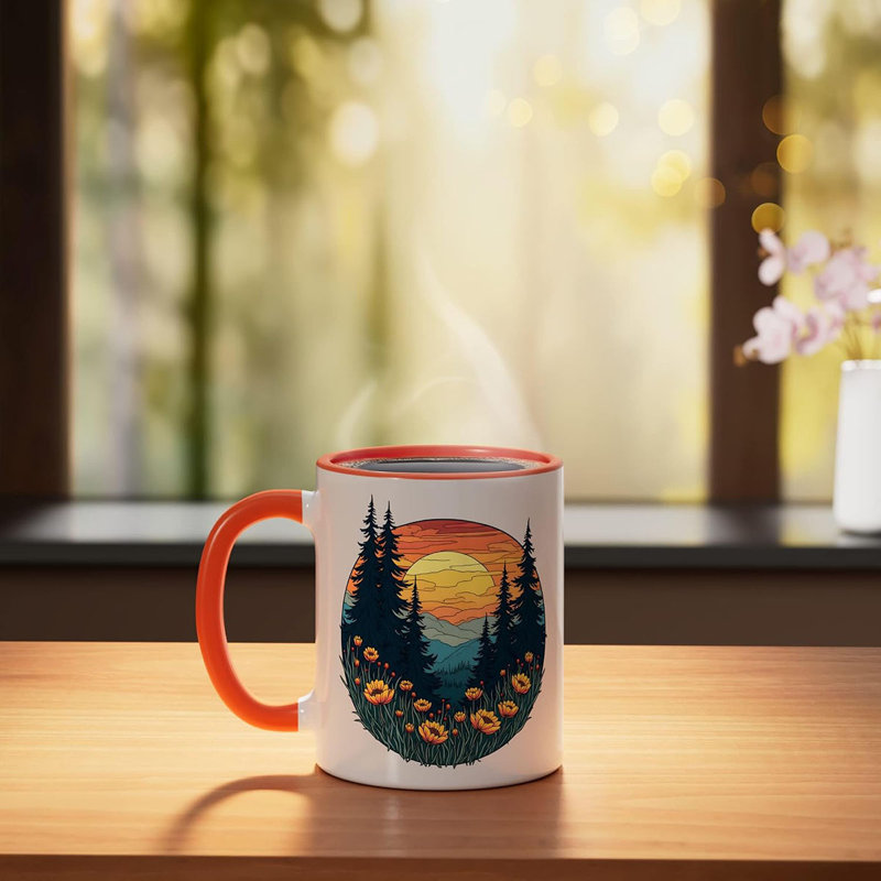 Mountain Sunset Forest With Wildflower Meadow Scene Ceramic Mug, 11oz, Orange