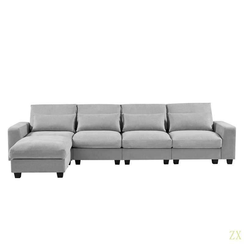 Grand canapé modulaire rembourré de plumes en L moderne, canapé convertible avec méridienne réversible pour le salon