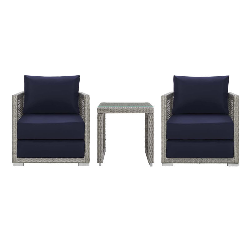 Ensemble de 3 pièces de patio en osier d'extérieur Aura, Bleu marine