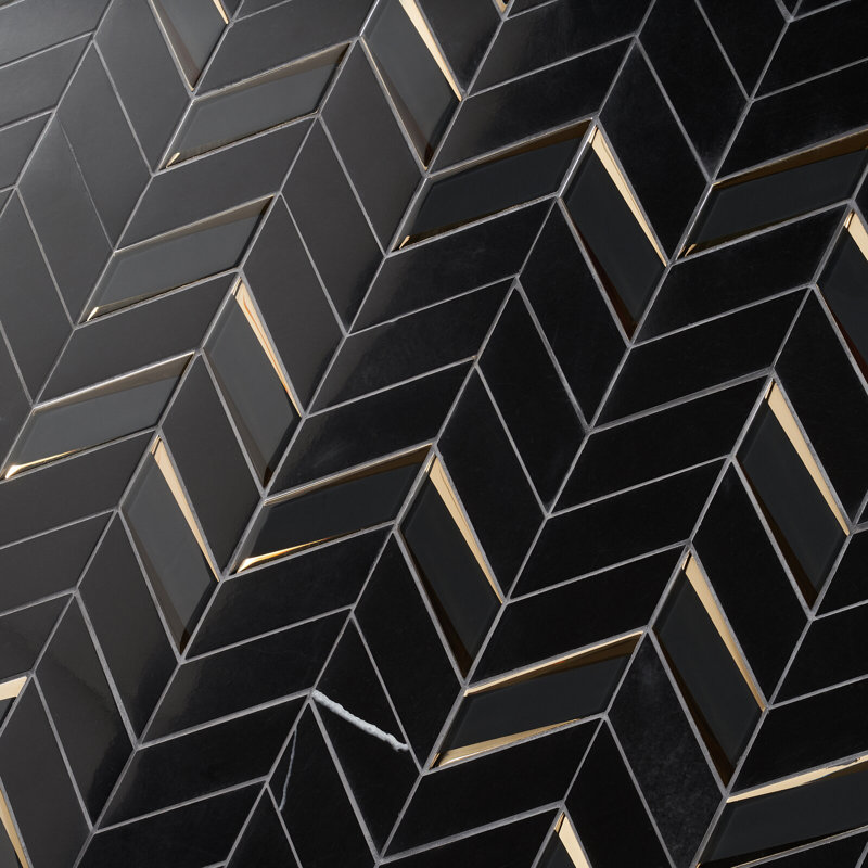Kasol 11x13 Chevron Polished Marble and Mirrorerd Glass Mosaic Tile
