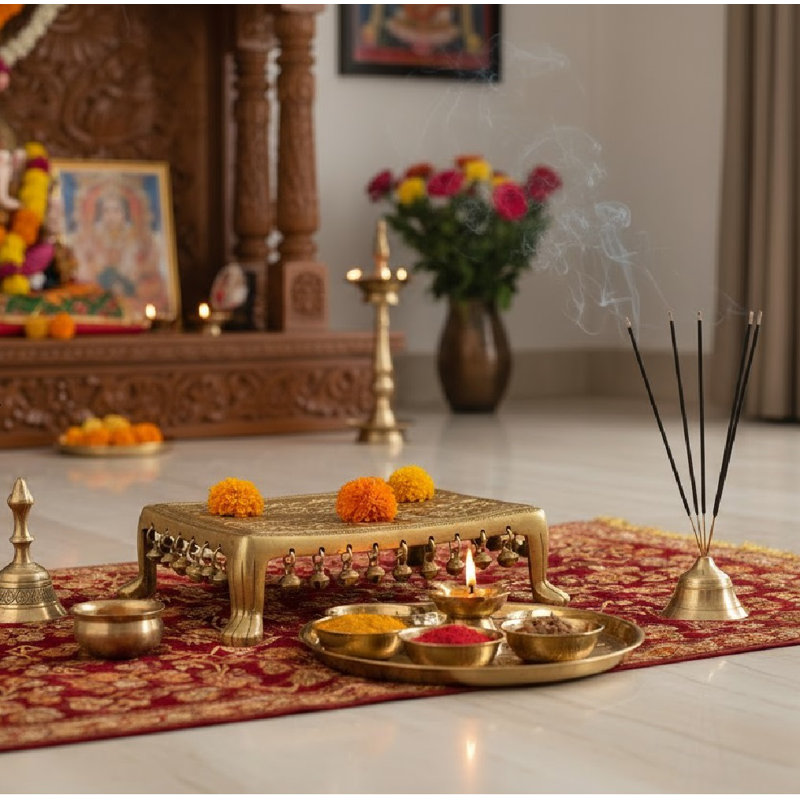 Piédestal d'autel en laiton Pooja Chowki décoratif en laiton avec des symboles et des clochettes de bon augure, plateforme spirituelle fabriquée à la main, décoration de chambre de Puja indien